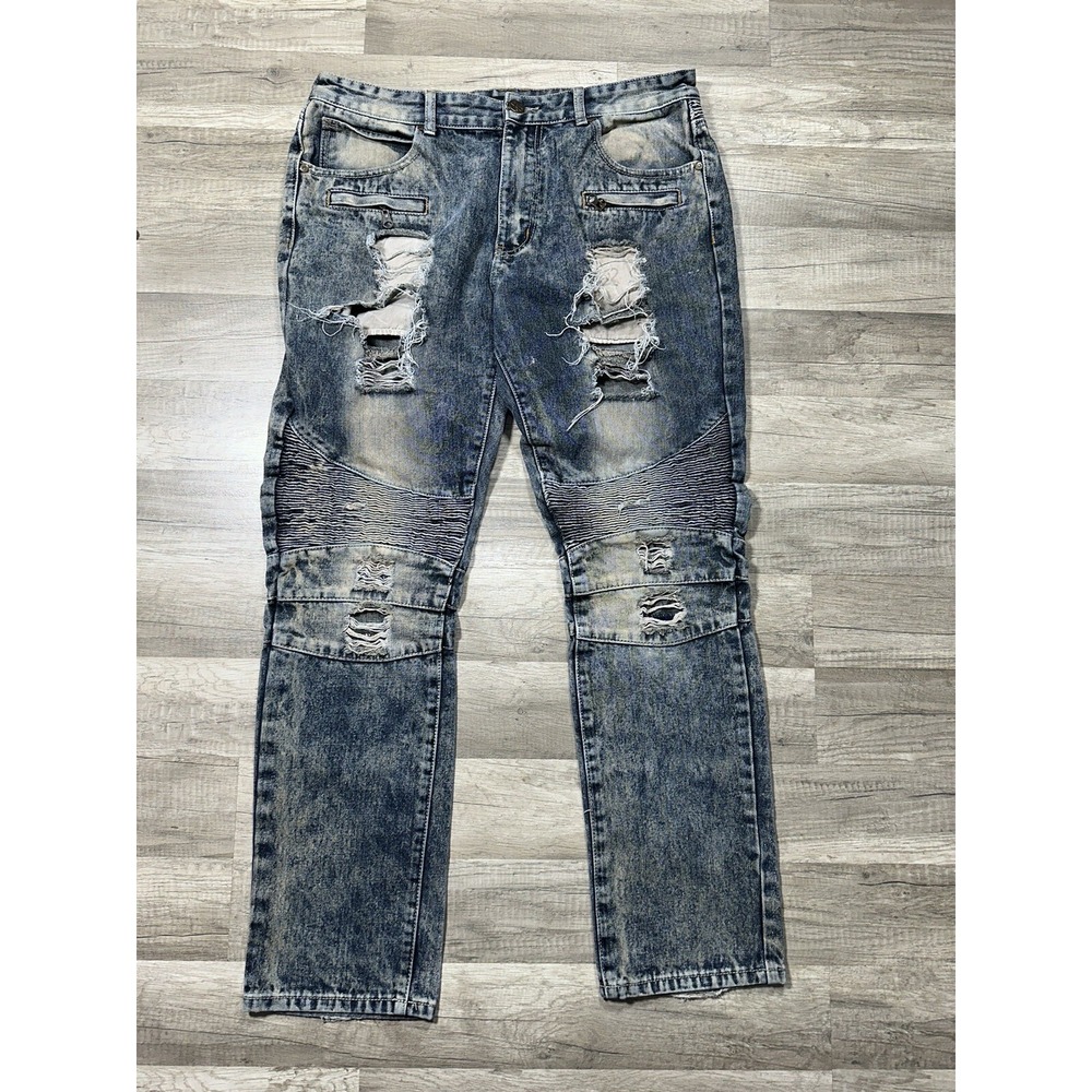 IMPERIOUS Mens Acid‎ Wash Zippers Destroyed Motor Cross Denim Jeans 36/32